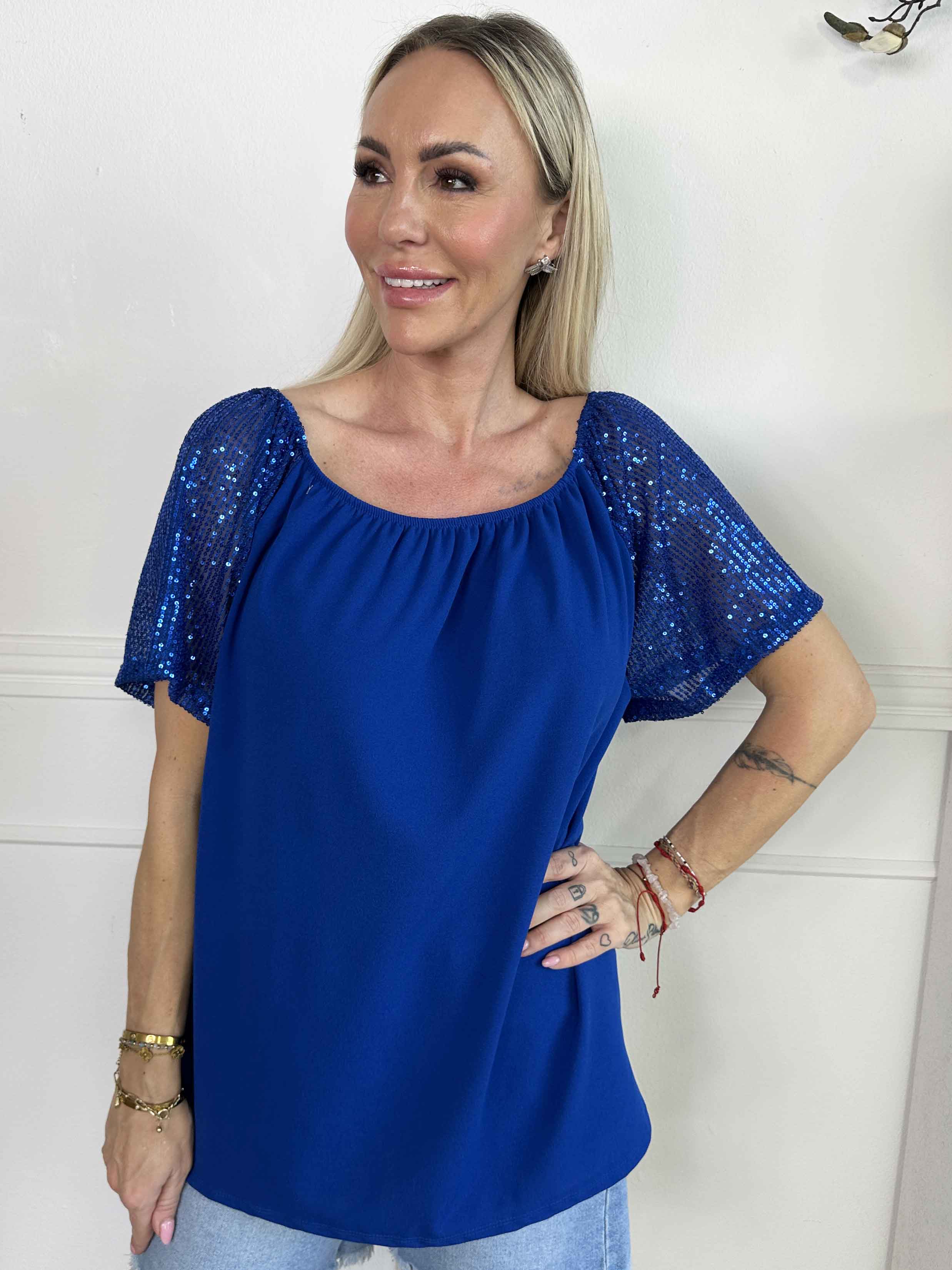 Kim Shirt - Sød og feminin elastisk bluse med glitrende pailletærmer